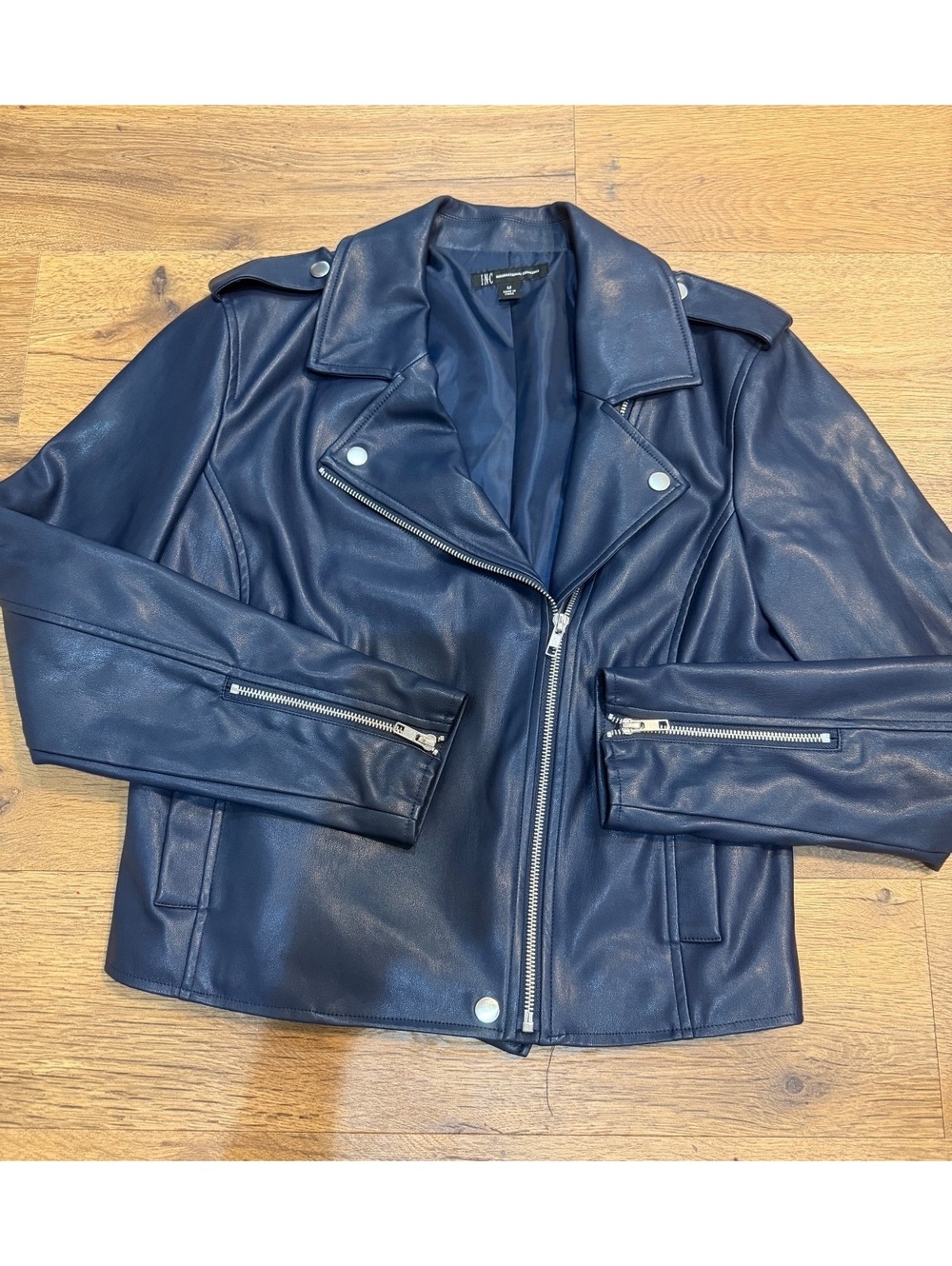 Women's Navy Faux Leather Biker Jacket Medium with Silver Zipper Details